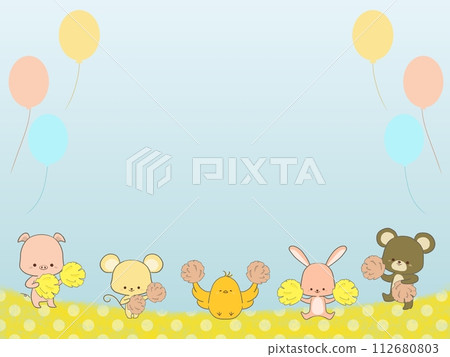 Frame illustration of animals holding pompoms 112680803