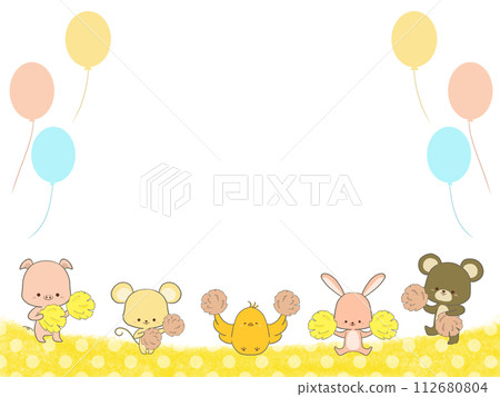 Frame illustration of animals holding pompoms 112680804