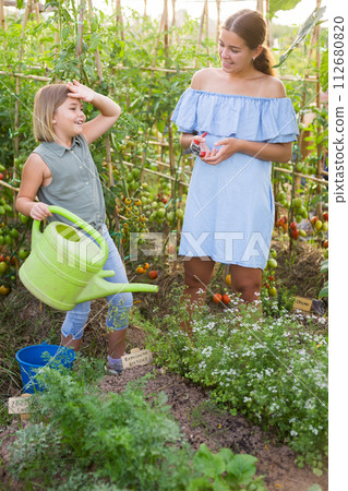 Mother, father and daughter watering plants Mother, father and daughter watering plants 112680820