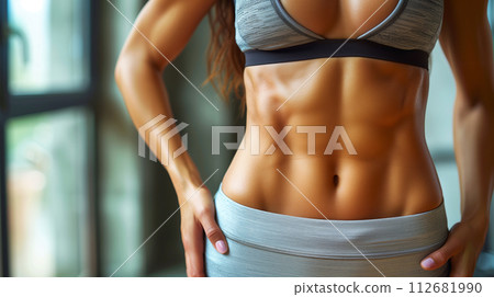 "Beautiful Body" Close-up of the abdominal muscles of a woman with a 6% body fat percentage.<AI-generated material> 112681990