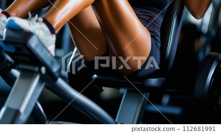 「體脂率6%的女性在健身房的壓腿機上訓練大腿。」<AI生成素材> 112681991