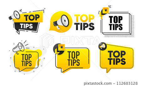 Top Tips. Megaphone label collection with text. Marketing and promotion. Vector Illustration. 112683128