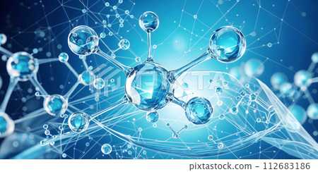 Colorful 3D transparent molecules and atoms on blue background 112683186