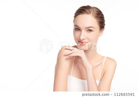 Beautiful young woman with clean fresh skin on white background, Face care, Facial treatment, Cosmetology, beauty and spa, women portrait. 112683591