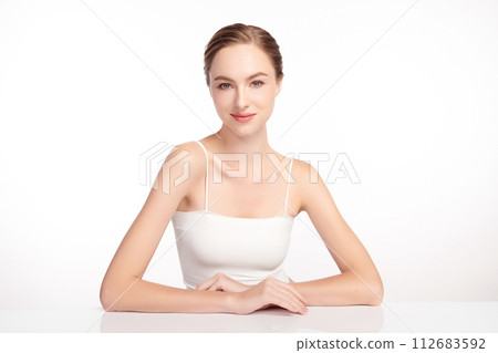 Beautiful young woman with clean fresh skin on white background, Face care, Facial treatment, Cosmetology, beauty and spa, women portrait. 112683592