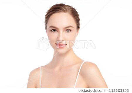 Beautiful young woman with clean fresh skin on white background, Face care, Facial treatment, Cosmetology, beauty and spa, women portrait. 112683593