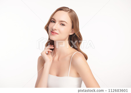 Beautiful young woman with clean fresh skin on white background, Face care, Facial treatment, Cosmetology, beauty and spa, women portrait. 112683601