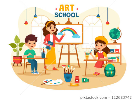 Art School Vector Illustration with Kids of Painting with Live Model or Object using Tools and Equipment in Flat Cartoon Background Design 112683742