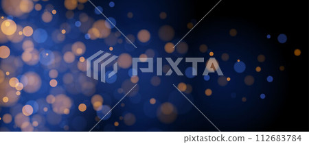 Blurred gold bokeh on blue background. Golden blurred effect wallpaper. Abstract shiny glitter, sparks, dust, sparkles. Glowing navy backdrop for Christmas, New Year or birthday card, banner. Vector 112683784