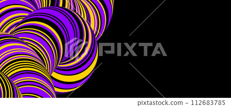 Black yellow purple twisted tube background. Abstract striped knot concept wallpaper. Liquid line pipe or cord shape for banner, poster, flyer, booklet, brochure, leaflet. Vector flowing rope backdrop 112683785