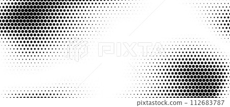 Hexagon halftone gradient texture. Abstract black grunge background. Geometric retro halftone tech overlay. Fading wavy hexagonal pattern backdrop. Vector vanishing honeycomb grunge bitmap wallpaper 112683787