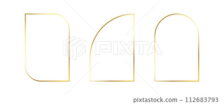 Golden thin frames set. Gold geometric borders in art deco style. Thin linear arch and curved shape collection. Yellow glowing shiny boarder element pack. Vector bundle for photo, cadre, decor, poster Golden thin frames set. Gold geometric borders in art deco style. Thin linear arch and curved shape collection. Yellow glowing shiny boarder element pack. Vector bundle for photo, cadre, decor, poster 112683793