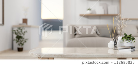 A presentation space on the marble coffee table in a contemporary grey living room. 112683823