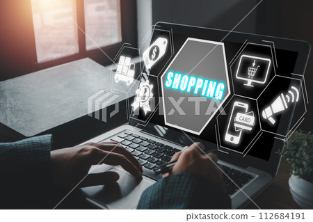Shopping concept, Business woman using laptop omputer on desk with shopping icon on virtual screen. Shopping concept, Business woman using laptop omputer on desk with shopping icon on virtual screen. 112684191
