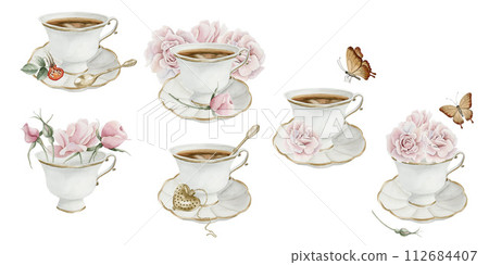 Set of compositions with cup of tea, pink rose hip flowers, red berries and brown butterflies. Floral watercolor illustration hand painted isolated on white background. Perfect for invitation, posters 112684407