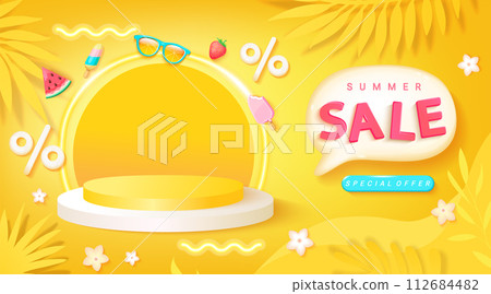 Summer sale banner,3d podium with neon lighting Summer sale banner,3d podium with neon lighting 112684482