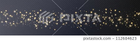 Gold glittering dots, particles, stars magic sparks. Glow flare light effect. Gold luminous points. Vector particles on transparent background. 112684623