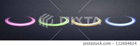 Glowing magic rings set. Neon realistic energy flare rings with sparkling particles. Abstract light effect on a dark transparent background. Vector illustration. 112684624