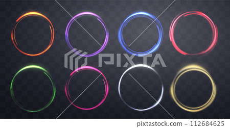 Glowing magic rings set. Neon realistic energy flare rings with sparkling particles. Abstract light effect on a dark transparent background. Vector illustration. 112684625