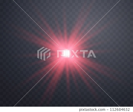 Red sunlight lens flare, sun flash with rays and spotlight. Glowing burst explosion on a transparent background. Vector illustration. 112684632