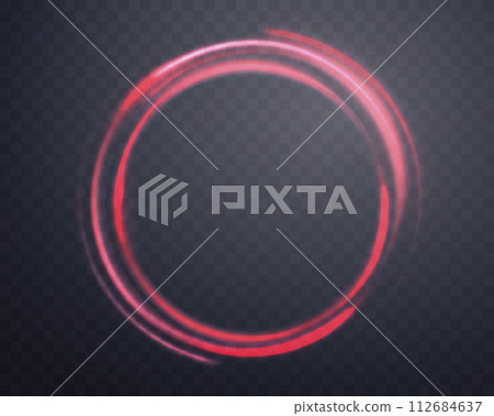 Red magic ring with glowing. Neon realistic energy flare halo ring. Abstract light effect on a dark transparent background. Vector illustration. 112684637