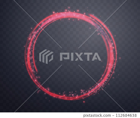 Red magic ring with glowing. Neon realistic energy flare halo ring. Abstract light effect on a dark transparent background. Vector illustration. 112684638