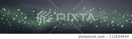 Green glittering dots, particles, stars magic sparks. Dust cloud flare light effect. Green luminous points with smoke. Vector particles on transparent background. Green glittering dots, particles, stars magic sparks. Dust cloud flare light effect. Green luminous points with smoke. Vector particles on transparent background. 112684644