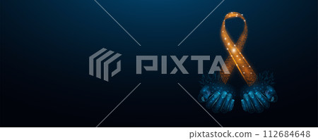 Two human hands are holds orange ribbon awareness. Leukemia awareness month concept. Abstract vector illustration on dark blue background. Two human hands are holds orange ribbon awareness. Leukemia awareness month concept. Abstract vector illustration on dark blue background. 112684648