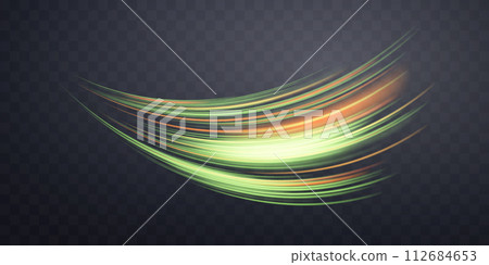 Glowing green and orange lines. Neon realistic energy speed. Abstract light effect on a dark transparent background. Vector illustration. Glowing green and orange lines. Neon realistic energy speed. Abstract light effect on a dark transparent background. Vector illustration. 112684653