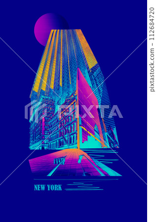 Collage of fragments of buildings. New York City Manhattan view with skyscrapers against sky. Collage, art design 112684720