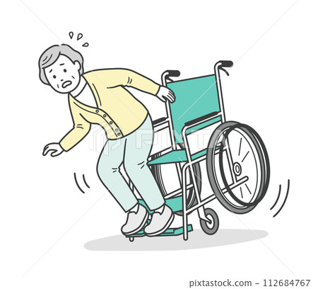 An elderly woman who is about to fall in a wheelchair 112684767