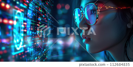 A woman wears digital glasses and gazes at a holographic display. Futuristic technology and innovation. Generative AI. 112684835