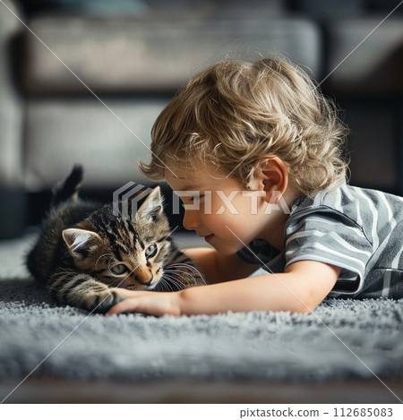 男孩抱著一隻小貓 112685083