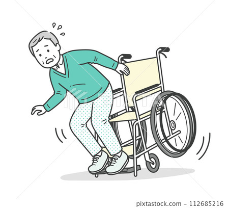 Elderly man about to fall in wheelchair 112685216