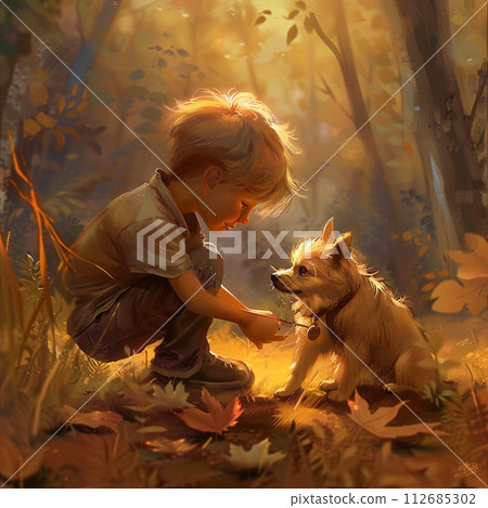 Boy playing with a dog 112685302