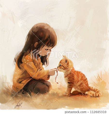 一個女孩和一隻貓一起玩 112685310