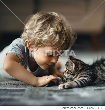 A boy playing with a cat 112685441