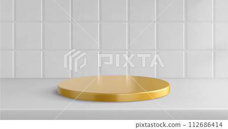 Gold podium on kitchen or bathroom tile background 112686414