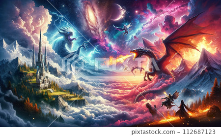 Fantasy illustration. Dragons, aurora and space. 112687123