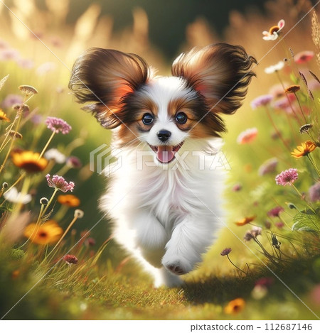 flowers and papillon dog 112687146