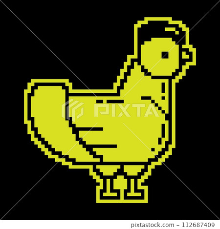 Pixel icon. Home chicken. Farm bird laying eggs. Simple black and yellow vector isolated on black background Pixel icon. Home chicken. Farm bird laying eggs. Simple black and yellow vector isolated on black background 112687409