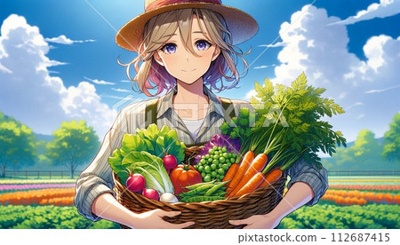 Farmer with a basket of spring vegetables 112687415