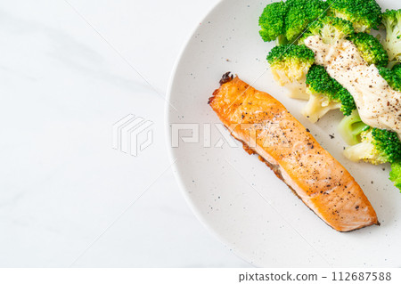 grilled salmon fillet steak with broccoli grilled salmon fillet steak with broccoli 112687588