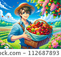 A farmer with a fruit plate and a rural village A farmer with a fruit plate and a rural village 112687893