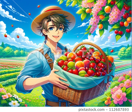 A farmer with a fruit plate and a rural village A farmer with a fruit plate and a rural village 112687893
