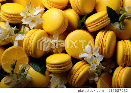 Pattern of yellow macaroons in close up 112687982