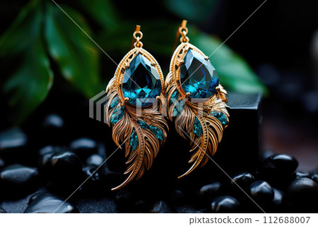 Stylish gold earrings with a gemstone close-up Stylish gold earrings with a gemstone close-up 112688007