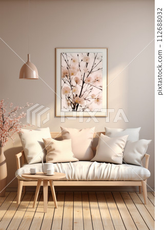 Modern interior design of the living room with a minimalist sofa and cardboard on the wall Modern interior design of the living room with a minimalist sofa and cardboard on the wall 112688032