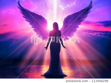 Silhouette of a beautiful goddess with spread wings [AI generated image] 112688296