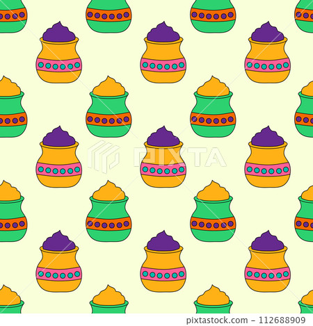 Seamless Pattern with Holi Jar gulal elements. Design for celebration of Indian festival of love and color. Vector flat illustration. 112688909
